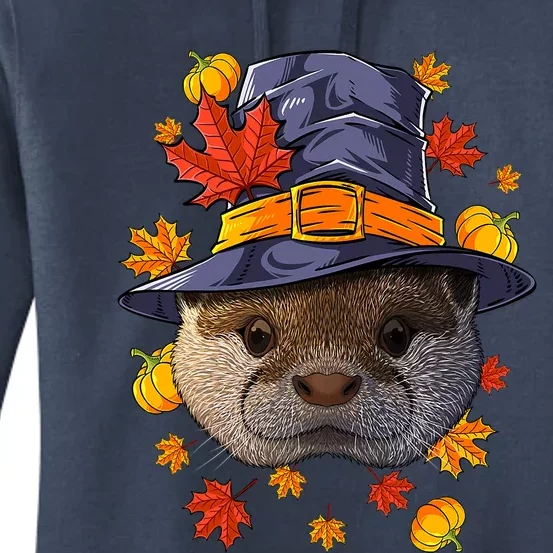 Happy Thanksgiving Otter Turkey Pilgrim Hat Funny Holiday Women's Pullover Hoodie