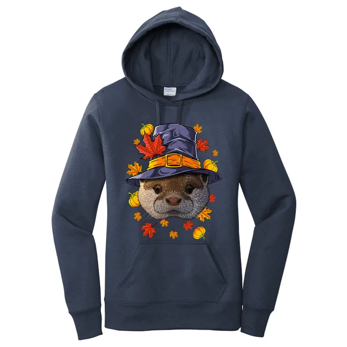 Happy Thanksgiving Otter Turkey Pilgrim Hat Funny Holiday Women's Pullover Hoodie