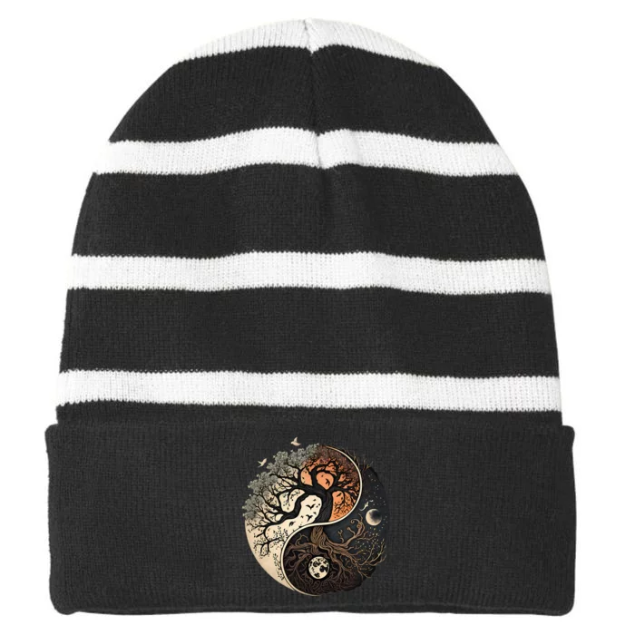 Harmonious Tree Of Life Yin Yang Striped Beanie with Solid Band