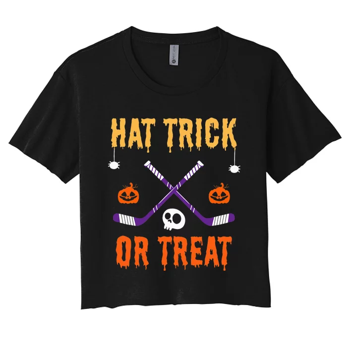 Hat Trick Or Treat Funny Hockey Halloween Costume Women's Crop Top Tee