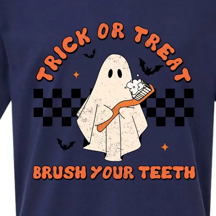 Halloween Trick Or Treat Brush Your Teeth Dental Ghost Funny Cool Gift Sueded Cloud Jersey T-Shirt