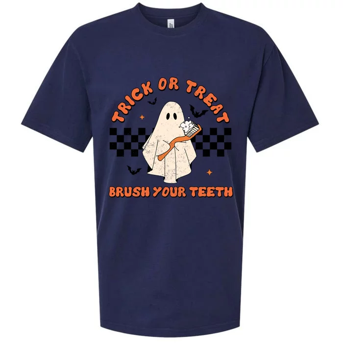 Halloween Trick Or Treat Brush Your Teeth Dental Ghost Funny Cool Gift Sueded Cloud Jersey T-Shirt