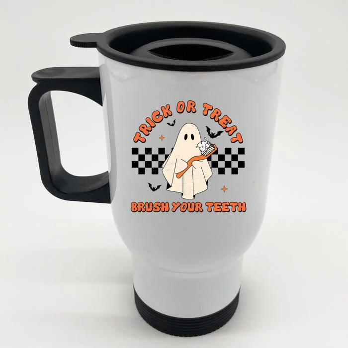 Halloween Trick Or Treat Brush Your Teeth Dental Ghost Funny Cool Gift Front & Back Stainless Steel Travel Mug