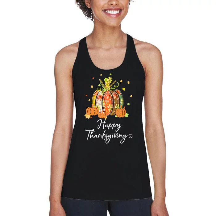 Happy Thanksgiving Pumpkin Autumn Floral Decorative Design Women's Racerback Tank