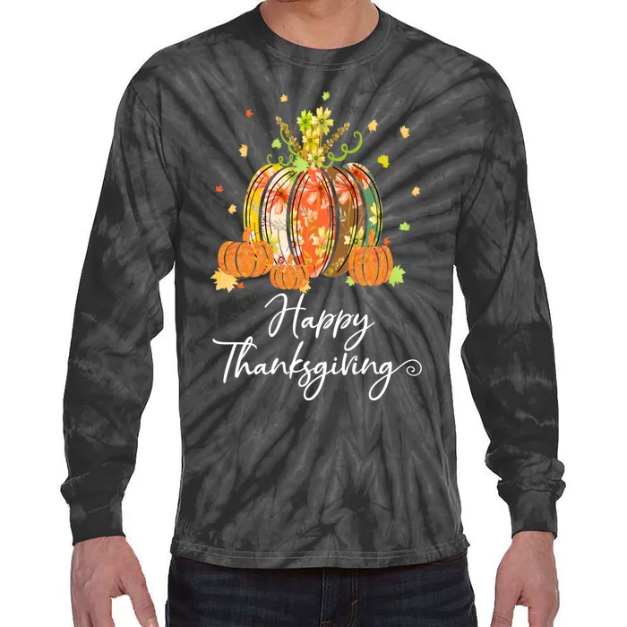 Happy Thanksgiving Pumpkin Autumn Floral Decorative Design Tie-Dye Long Sleeve Shirt