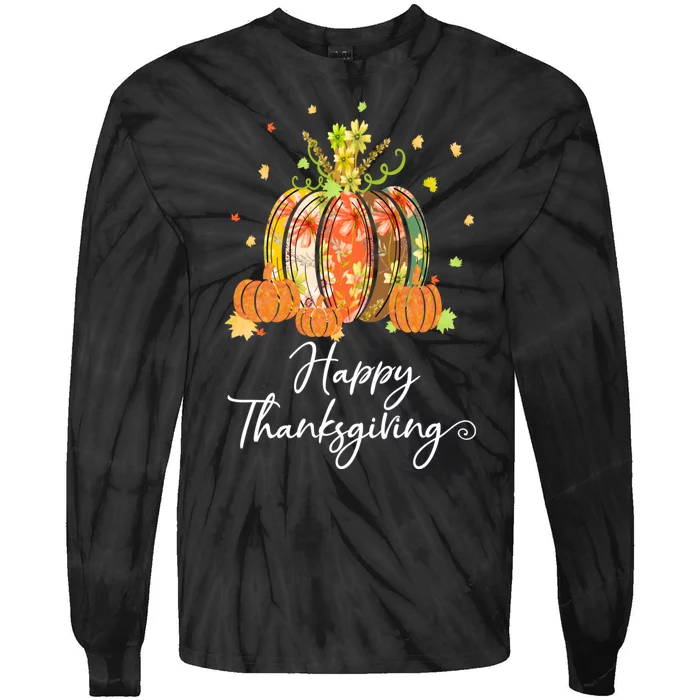 Happy Thanksgiving Pumpkin Autumn Floral Decorative Design Tie-Dye Long Sleeve Shirt