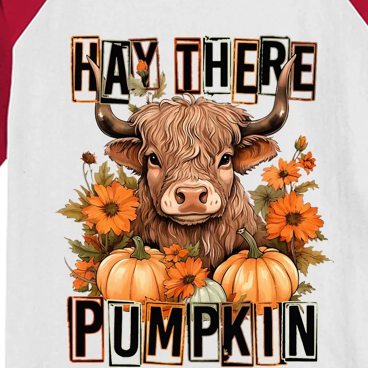 Hay There Pumkin Highland Cow Fall Autumn Thanksgiving Kids Colorblock Raglan Jersey