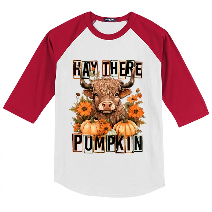 Hay There Pumkin Highland Cow Fall Autumn Thanksgiving Kids Colorblock Raglan Jersey