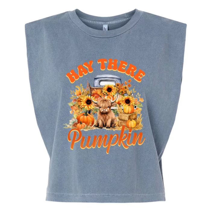 Hay There Pumpkin Truck Highland Cow Fall Autumn Sunflower Garment-Dyed Women's Muscle Tee