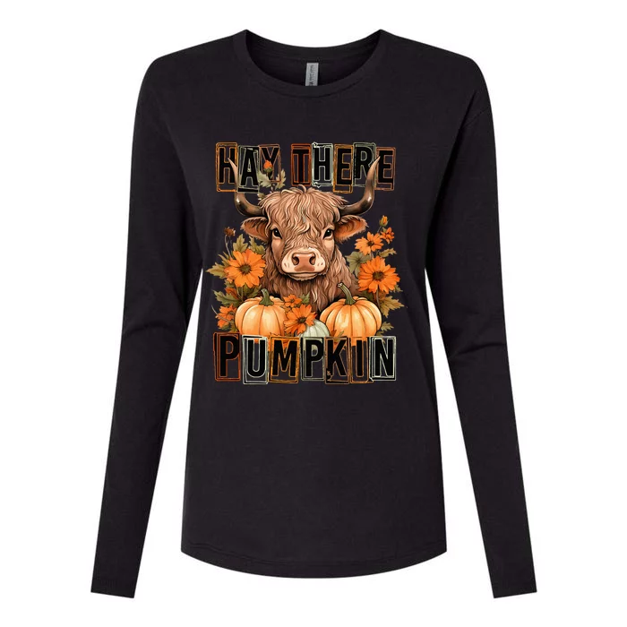 Hay There Pumkin Highland Cow Fall Autumn Thanksgiving Womens Cotton Relaxed Long Sleeve T-Shirt