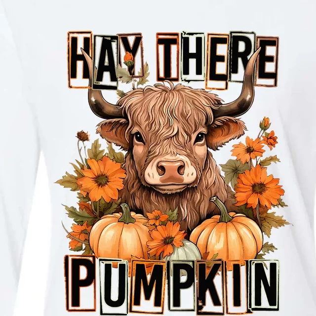 Hay There Pumkin Highland Cow Fall Autumn Thanksgiving Womens Cotton Relaxed Long Sleeve T-Shirt