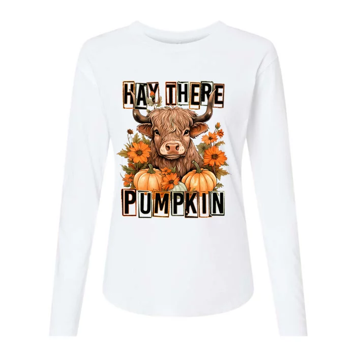 Hay There Pumkin Highland Cow Fall Autumn Thanksgiving Womens Cotton Relaxed Long Sleeve T-Shirt