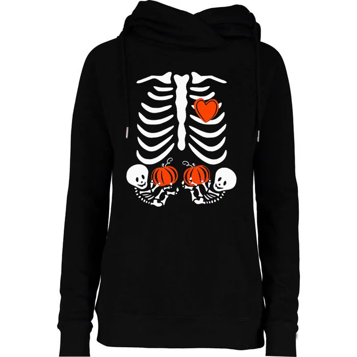 Halloween Twin Pregnant Skeleton Twins Baby Xray Rib Cage Womens Funnel Neck Pullover Hood