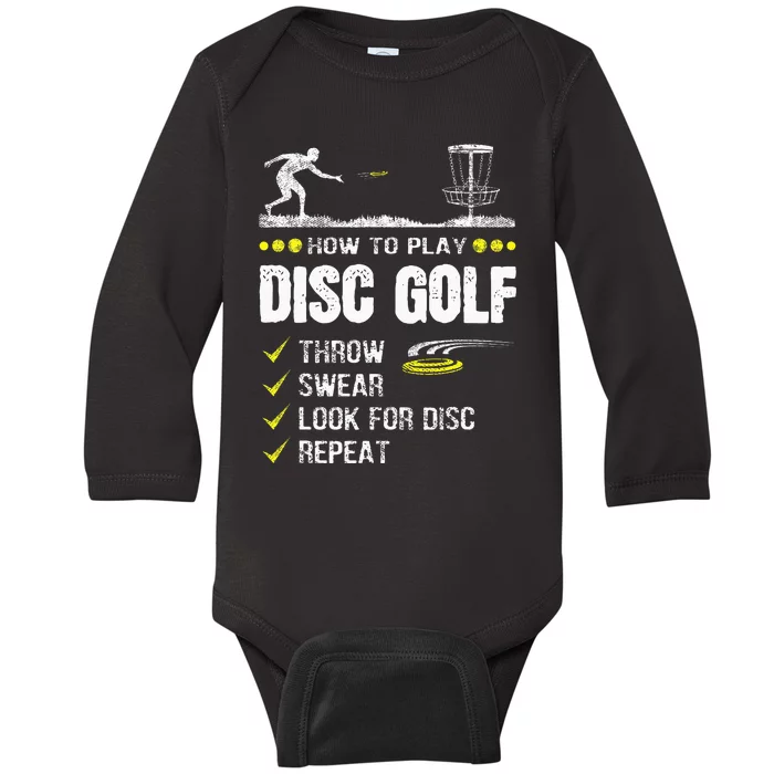 How To Play Disc Golf Frisbee Disc Golfer Humor Disc Golfing Baby Long Sleeve Bodysuit