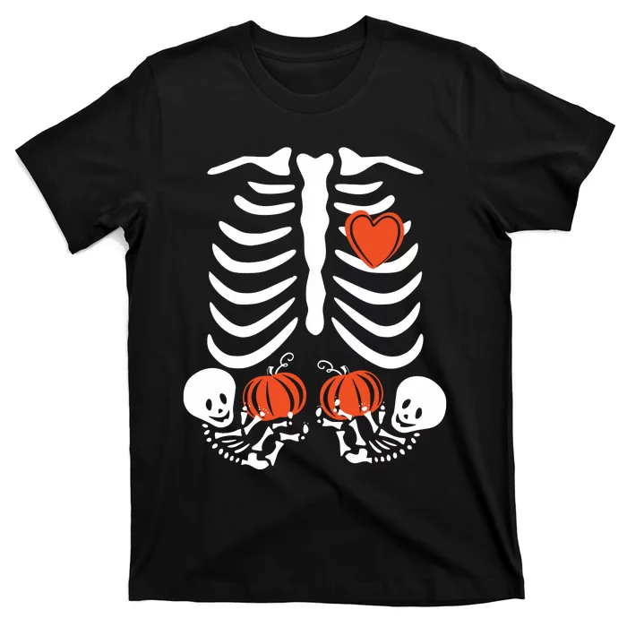 Halloween Twin Pregnant Skeleton Twins Baby Xray Rib Cage T-Shirt