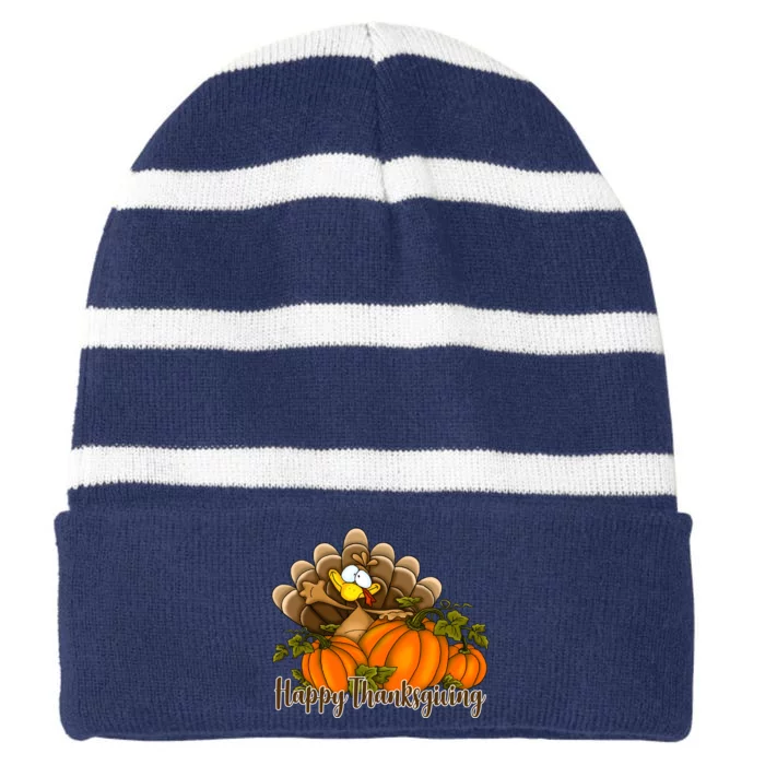 Happy Thanksgiving Pumpkins Fall Autumn Cute Turkey Striped Beanie with Solid Band