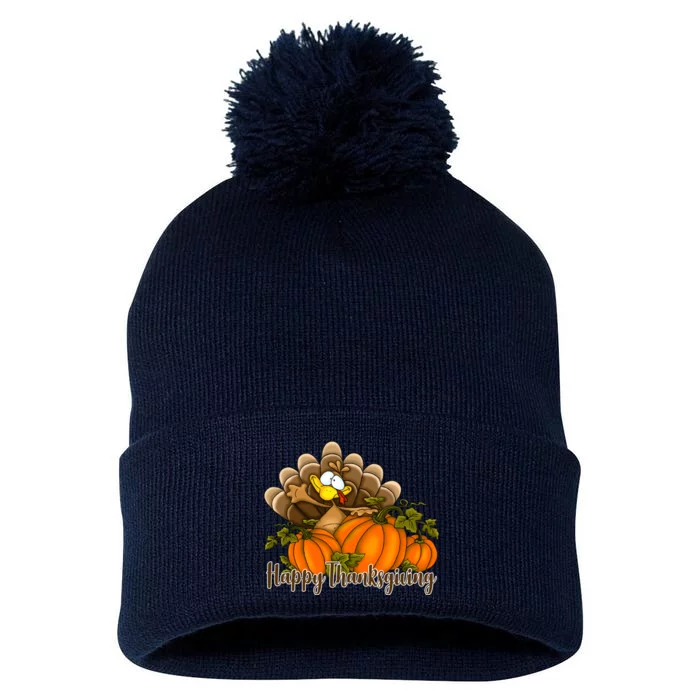 Happy Thanksgiving Pumpkins Fall Autumn Cute Turkey Pom Pom 12in Knit Beanie