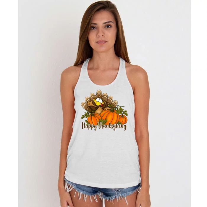 Happy Thanksgiving Pumpkins Fall Autumn Cute Turkey Women's Knotted Racerback Tank