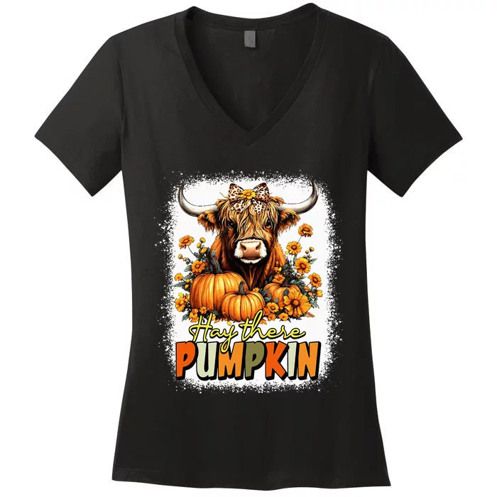 Hay There Pumpkin Highland Cow Thanksgiving Fall Autumn Women's V-Neck T-Shirt