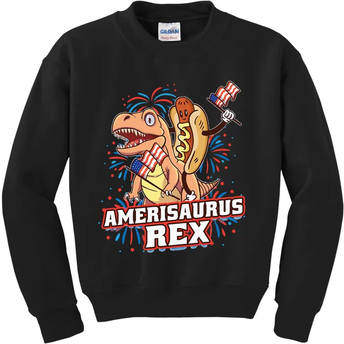 Hotdog T Rex Dinosaur 4th Of July Amerisaurus Funny Gifts Kids Sweatshirt