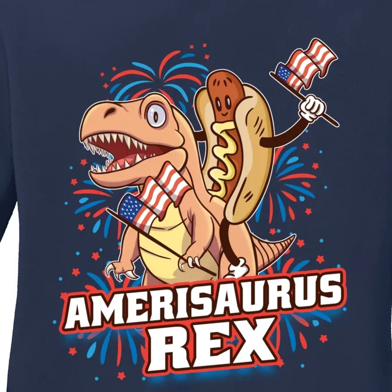 Hotdog T Rex Dinosaur 4th Of July Amerisaurus Funny Gifts Ladies Long Sleeve Shirt