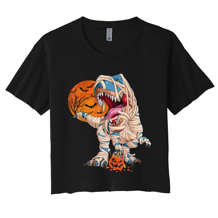 Halloween T Rex For Boy Dinosaur T Rex Mummy Pumpkin Women's Crop Top Tee