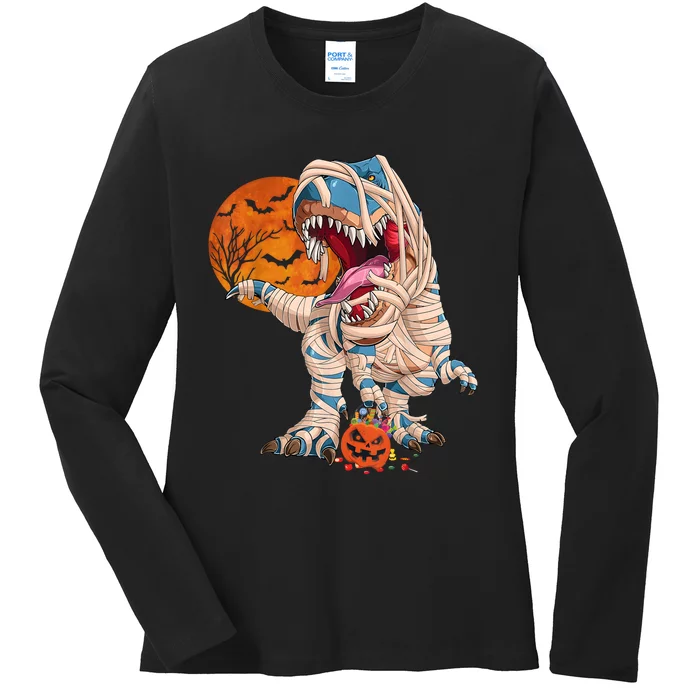 Halloween T Rex For Boy Dinosaur T Rex Mummy Pumpkin Ladies Long Sleeve Shirt