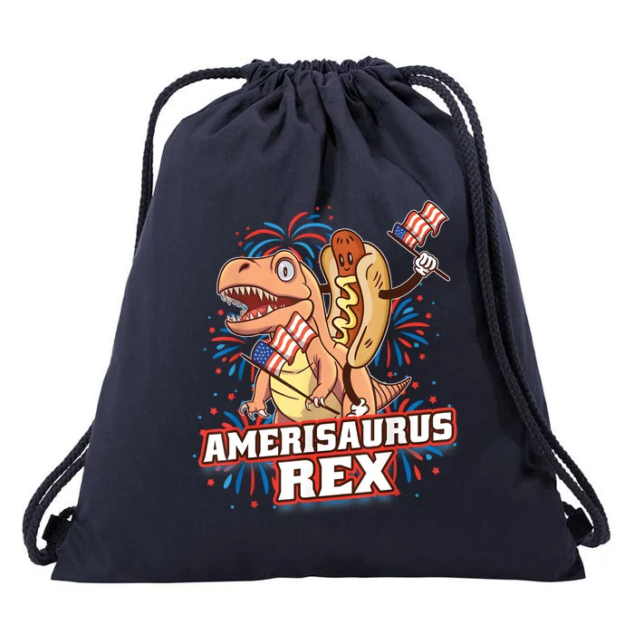 Hotdog T Rex Dinosaur 4th Of July Amerisaurus Funny Gifts Drawstring Bag