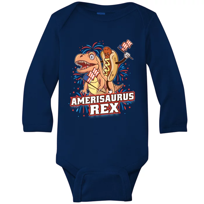 Hotdog T Rex Dinosaur 4th Of July Amerisaurus Funny Gifts Baby Long Sleeve Bodysuit