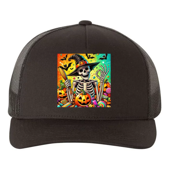 Halloween Thrills Skeleton And Pumpkin And Bats Spooky Yupoong Adult 5-Panel Trucker Hat