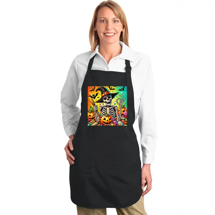 Halloween Thrills Skeleton And Pumpkin And Bats Spooky Full-Length Apron With Pocket