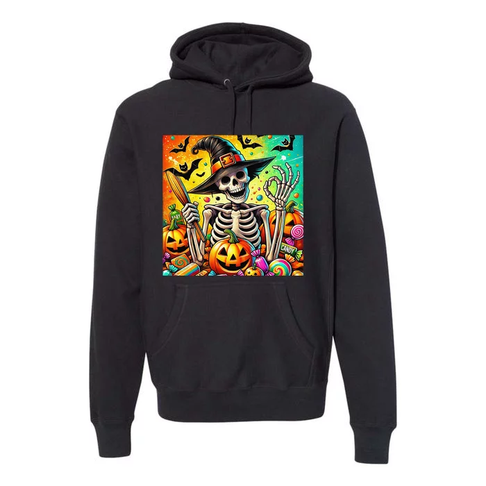 Halloween Thrills Skeleton And Pumpkin And Bats Spooky Premium Hoodie