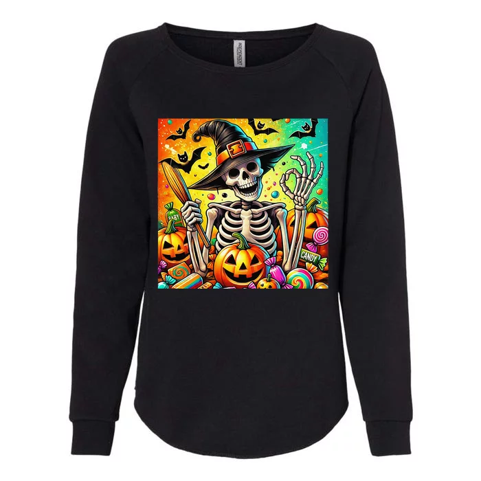 Halloween Thrills Skeleton And Pumpkin And Bats Spooky Womens California Wash Sweatshirt