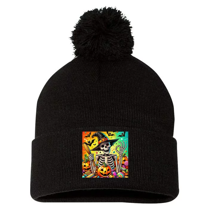 Halloween Thrills Skeleton And Pumpkin And Bats Spooky Pom Pom 12in Knit Beanie