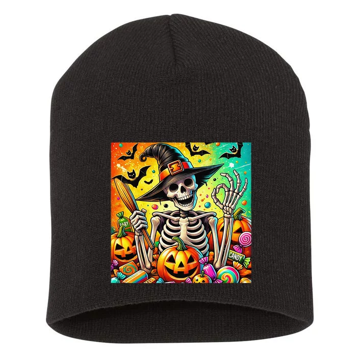 Halloween Thrills Skeleton And Pumpkin And Bats Spooky Short Acrylic Beanie