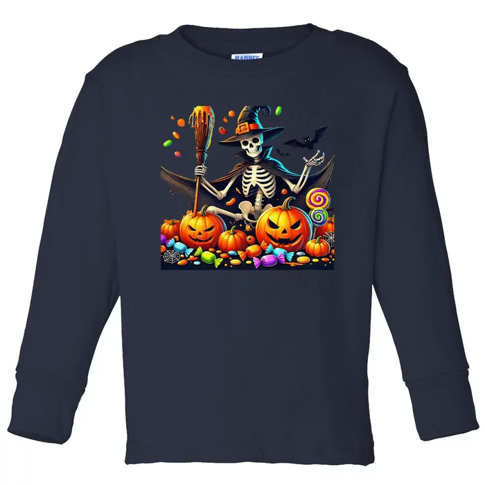 Halloween Thrills Skeleton And Pumpkin Spooky And Scary Toddler Long Sleeve Shirt