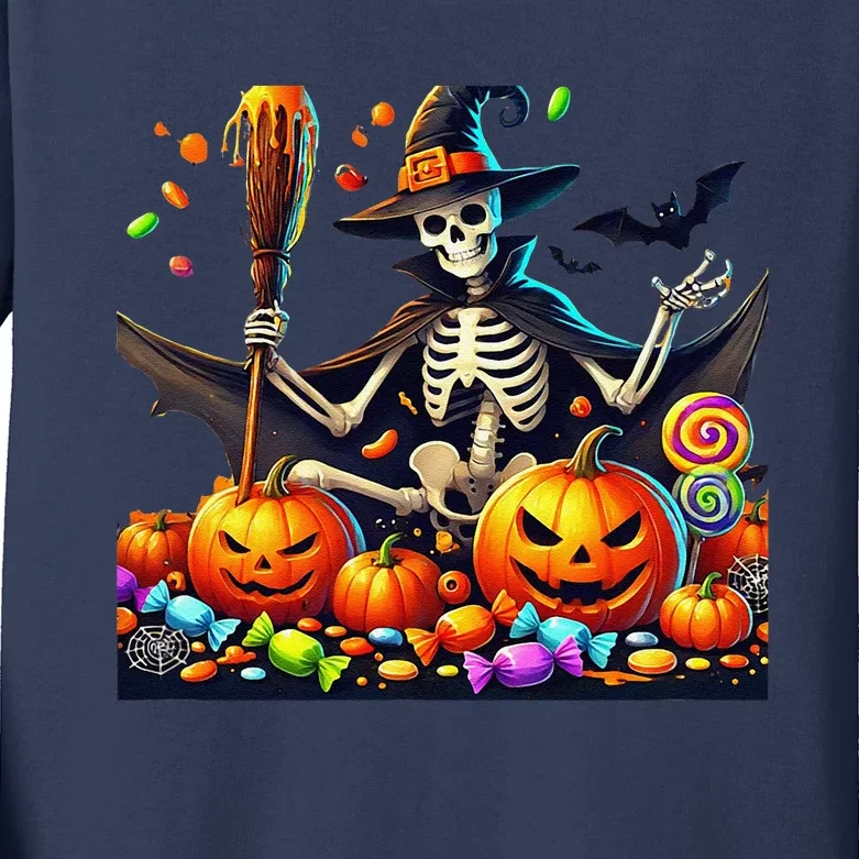 Halloween Thrills Skeleton And Pumpkin Spooky And Scary Kids Long Sleeve Shirt