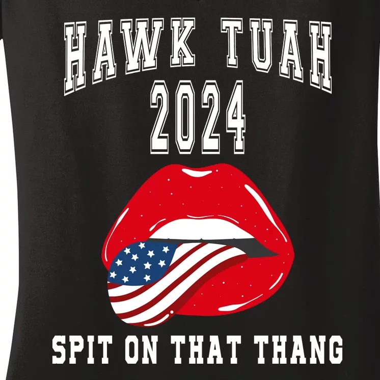 Hawk Tuah Spit On That Thang 2024 Hawk Tuah 24 Funny Trendy Women's V-Neck T-Shirt