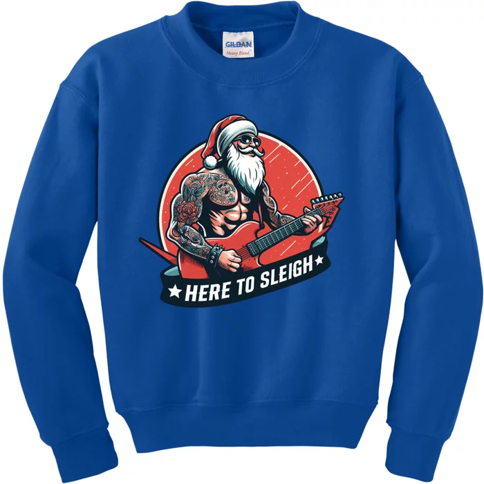 Here To Sleigh Santa Claus Tattoos Rock Electric Guitar Meme Gift Kids Sweatshirt