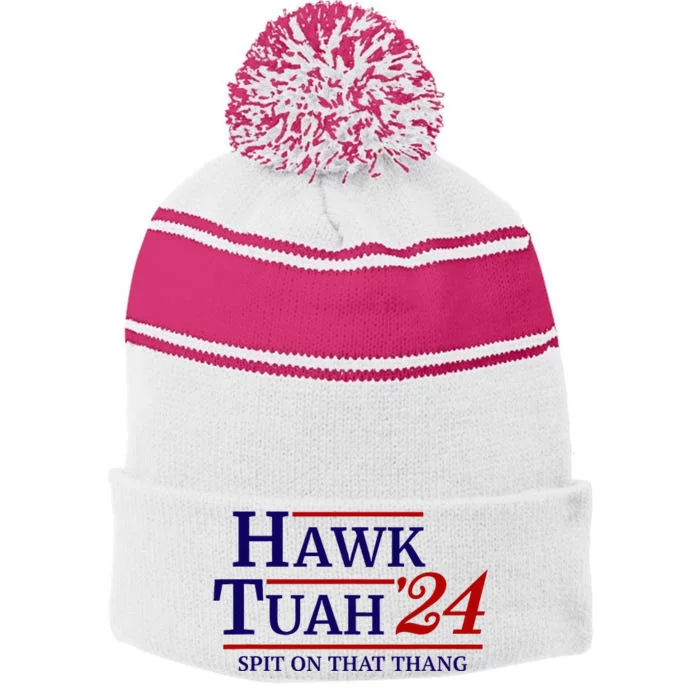 Hawk Tuah Spit On That Thang Retro Us Election Stripe Pom Pom Beanie