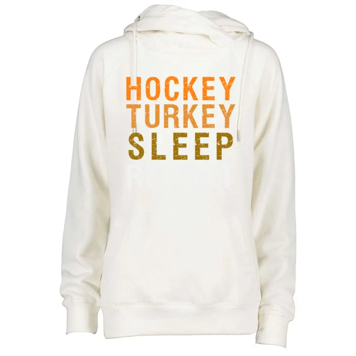 Hockey Turkey Sleep Repeat Nap Funny Thanksgiving Gift Womens Funnel Neck Pullover Hood