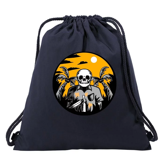 Hawaiian Tropical Skull Skelton Scary Knife Drawstring Bag