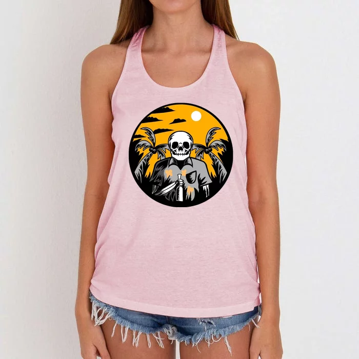 Hawaiian Tropical Skull Skelton Scary Knife Women's Knotted Racerback Tank