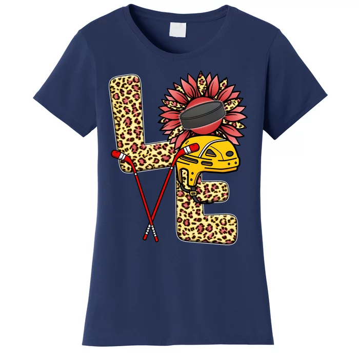 Hockey T Shirts Love Leopard Sunflower Graphic Plus Size Women's T-Shirt