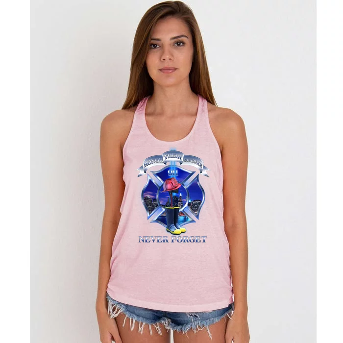 Honor Their Sacrifice Never Forget 911 September 11 Fire Fighters Heroes Women's Knotted Racerback Tank