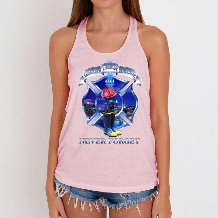 Honor Their Sacrifice Never Forget 911 September 11 Fire Fighters Heroes Women's Knotted Racerback Tank