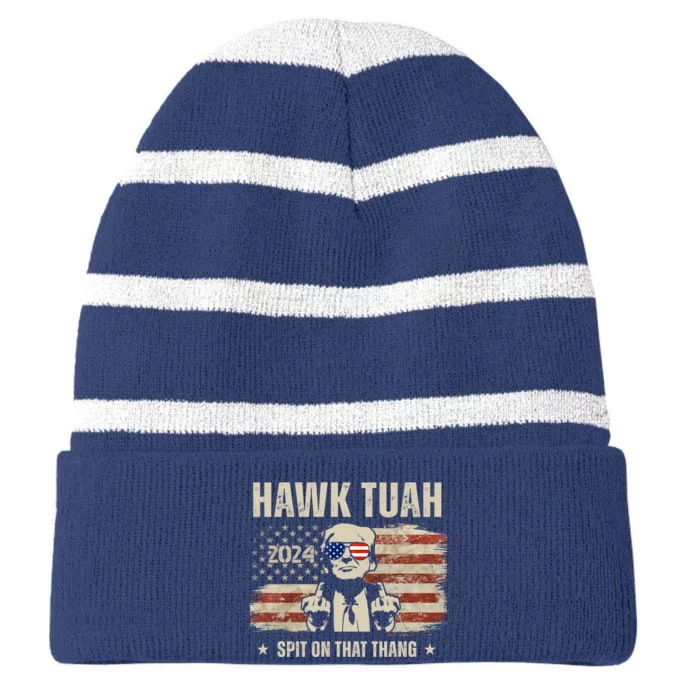 Hawk Tuah Spit On That Thang 2024 Usa Trump Striped Beanie with Solid Band