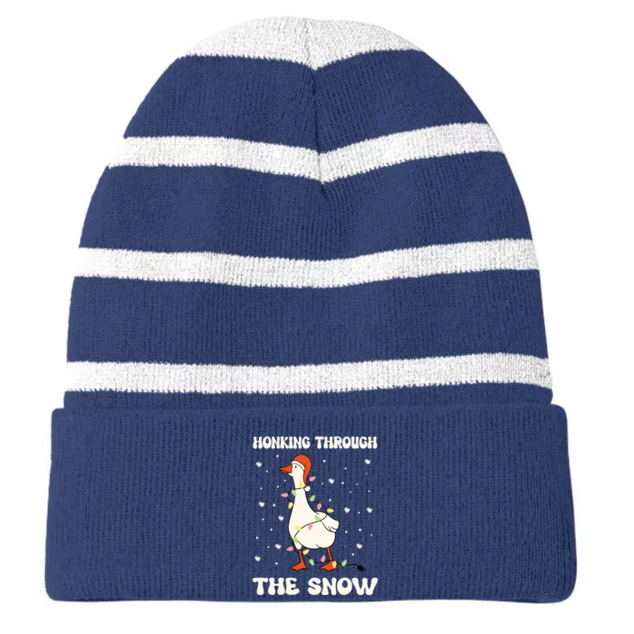 Honking Through The Snow Funny Goose Ugly Christmas Striped Beanie with Solid Band