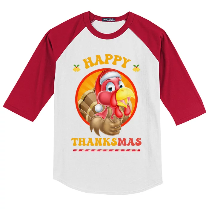 Happy Thanksmas Turkey Funny Thanksgiving Christmas Kids Colorblock Raglan Jersey