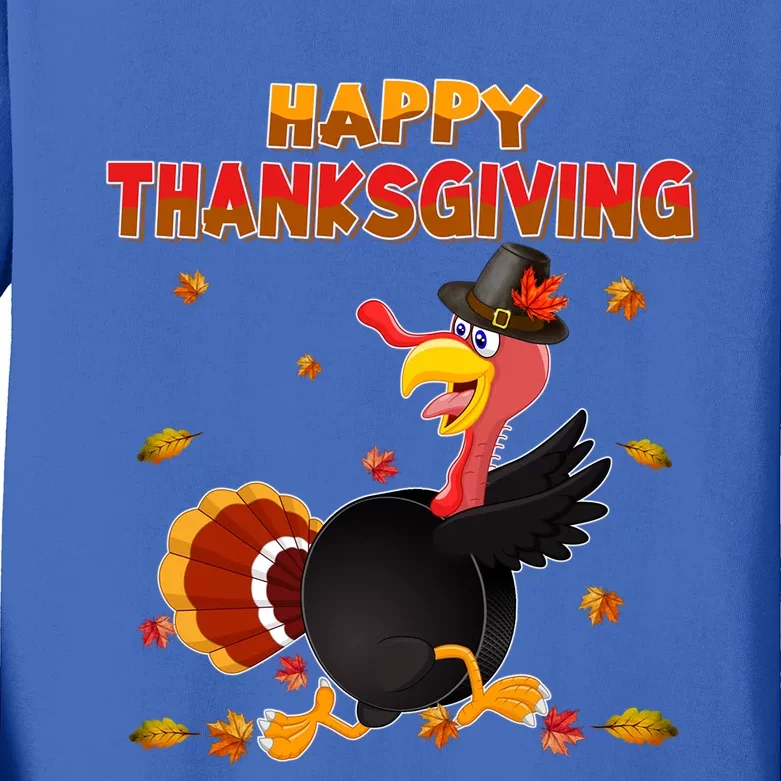 Happy Thanksgiving Turkey Ice Hockey Ball Autumn Fall Vibes Gift Kids Long Sleeve Shirt